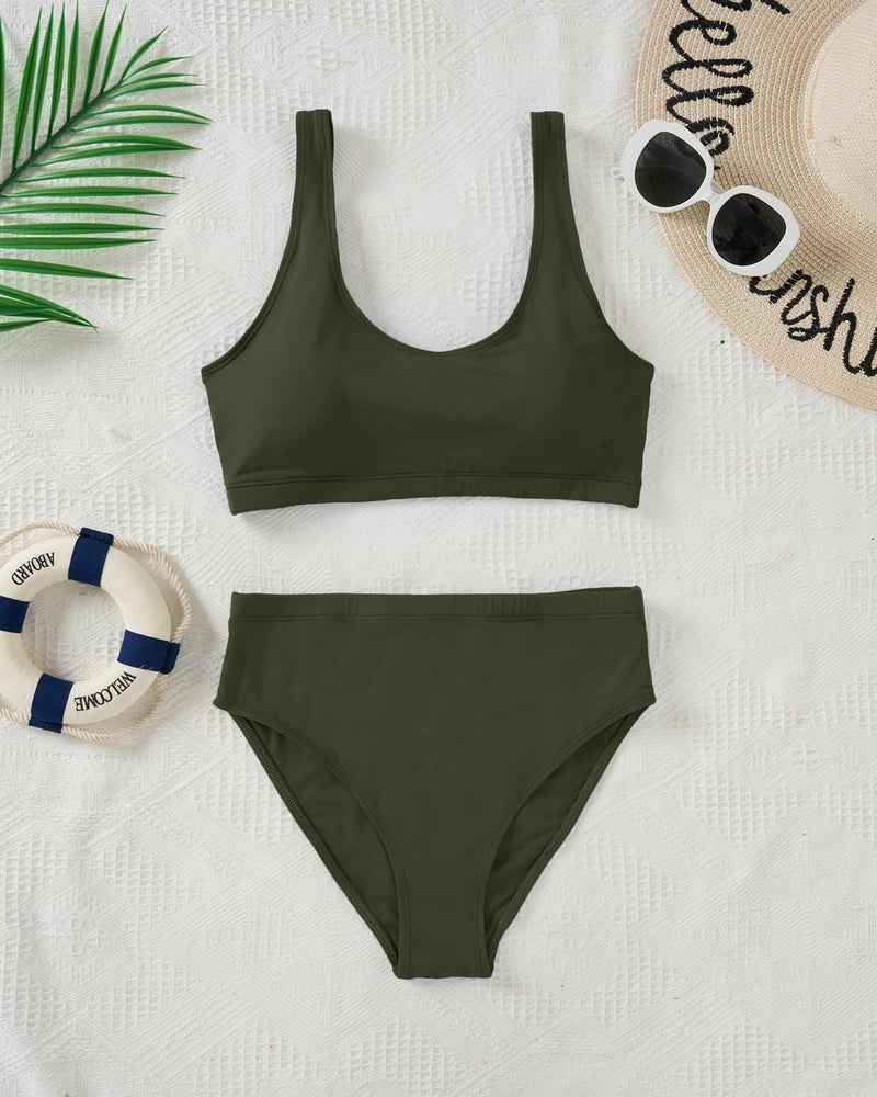 Tempt Me Women Army Green Two Piece Scoop Neck Bikini Crop Top Swimsuit Sporty High Waisted Bathing Suit XL - Image 5